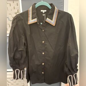 JODIFL Black Blouse with Blue and Brown Accents